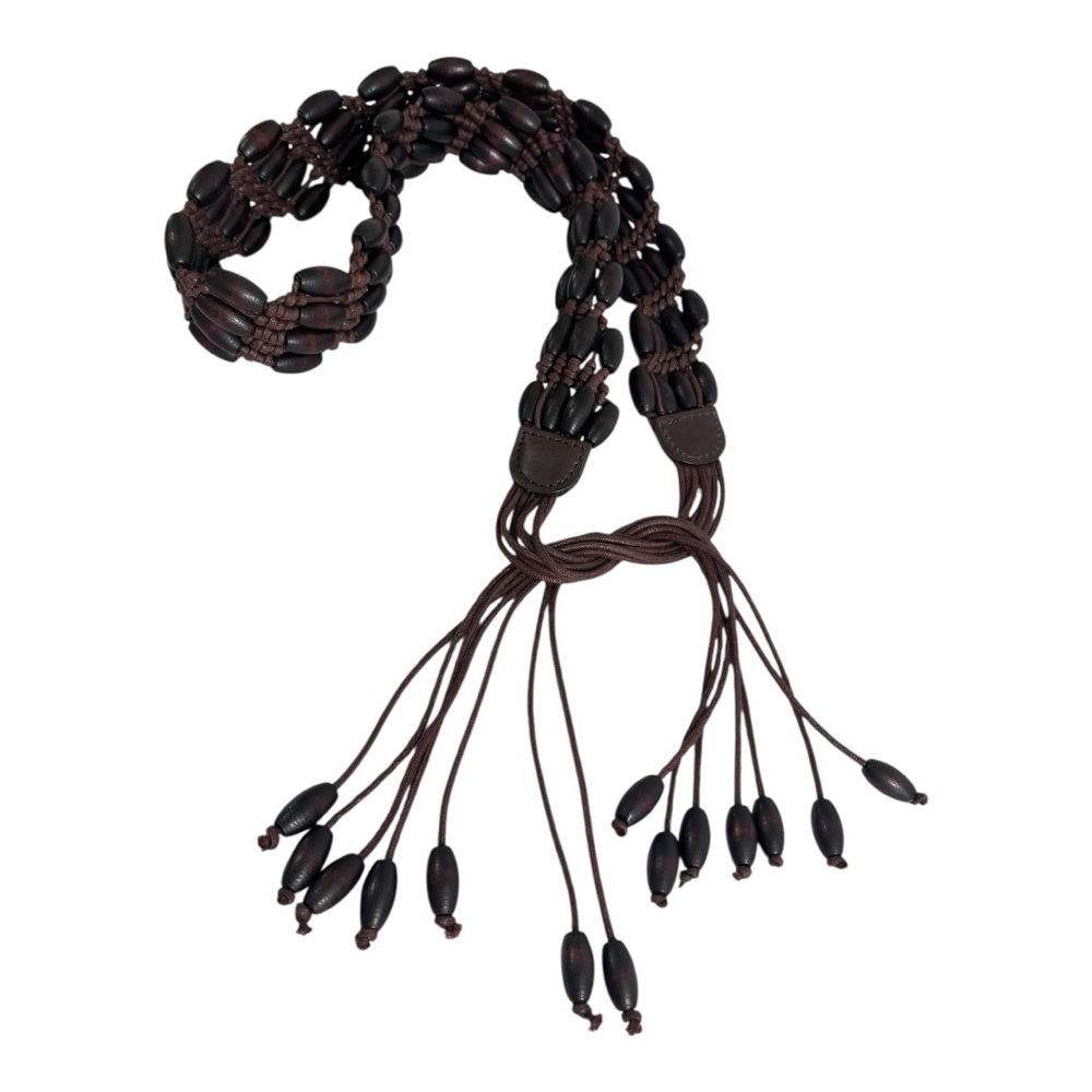 Wooden Beaded Belt, Brown, Waxed Knotted Macrame Rope, Leather Trim